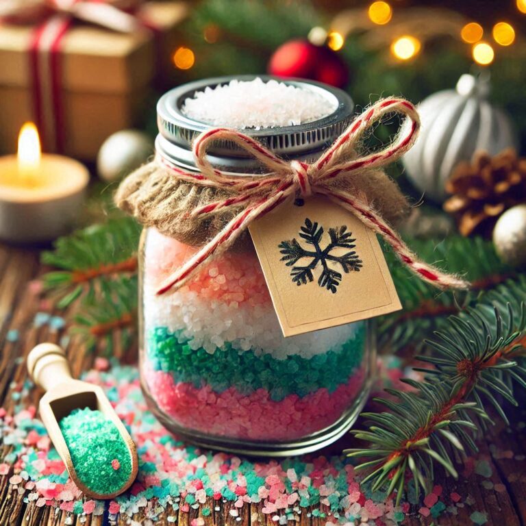 Mason jar filled with colorful bath salts, tied with twine, and gift tag