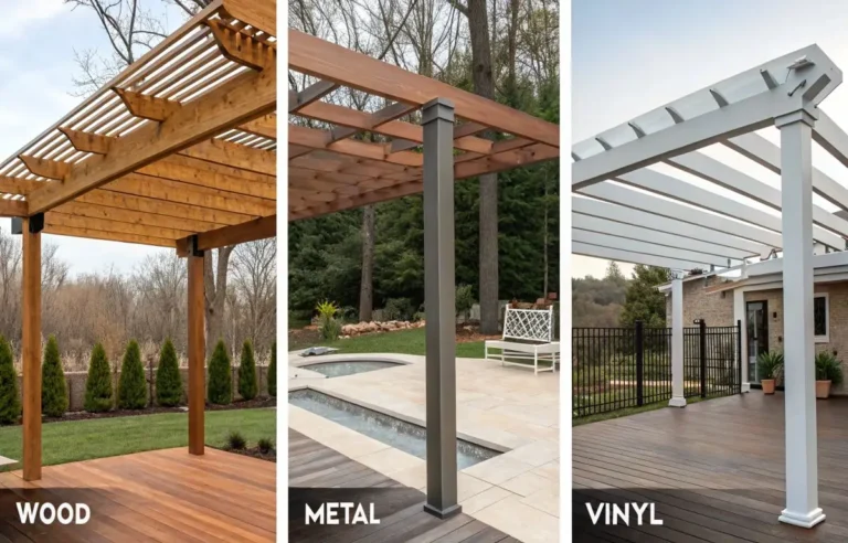 Different pergola materials: wood, metal, and vinyl options