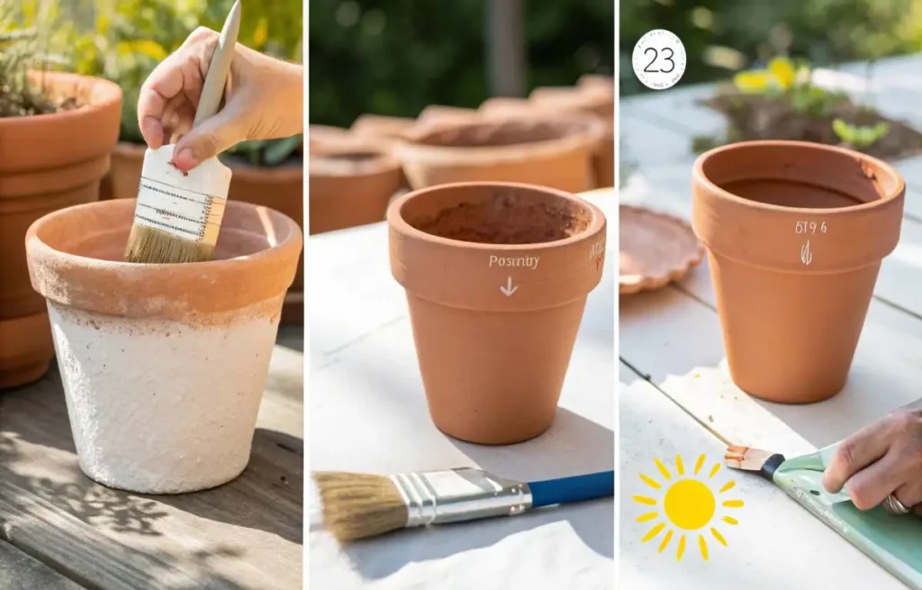 Photo collage showing step-by-step process of Painting Terracotta Pots: applying paint, drying, and sanding