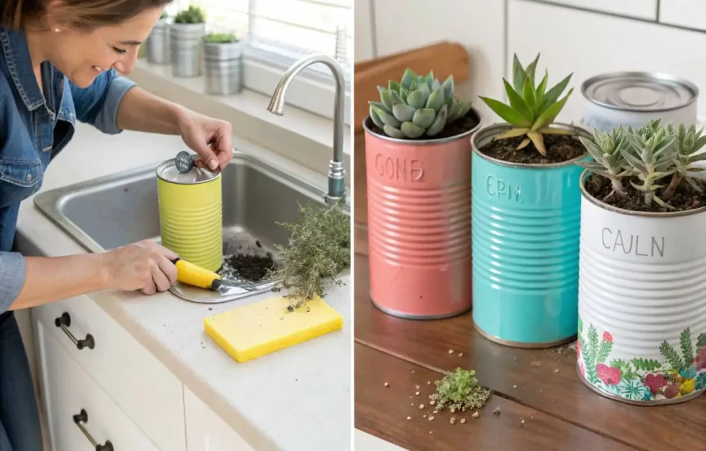 Step-by-step collage of Painting Terracotta Pots using tin cans as colorful planters
