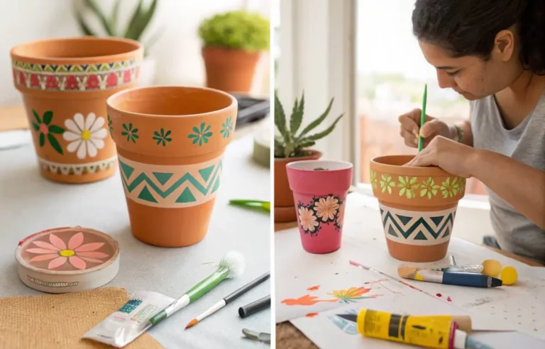 Collage of stencil and tape techniques used in Painting Terracotta Pots