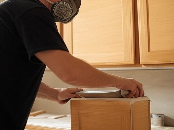 Sanded kitchen cabinet ready for primer application.	