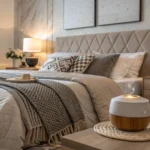 Men bedroom decor with layered bedding and warm lighting