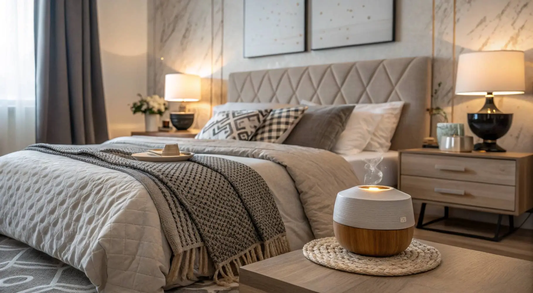 Men bedroom decor with layered bedding and warm lighting