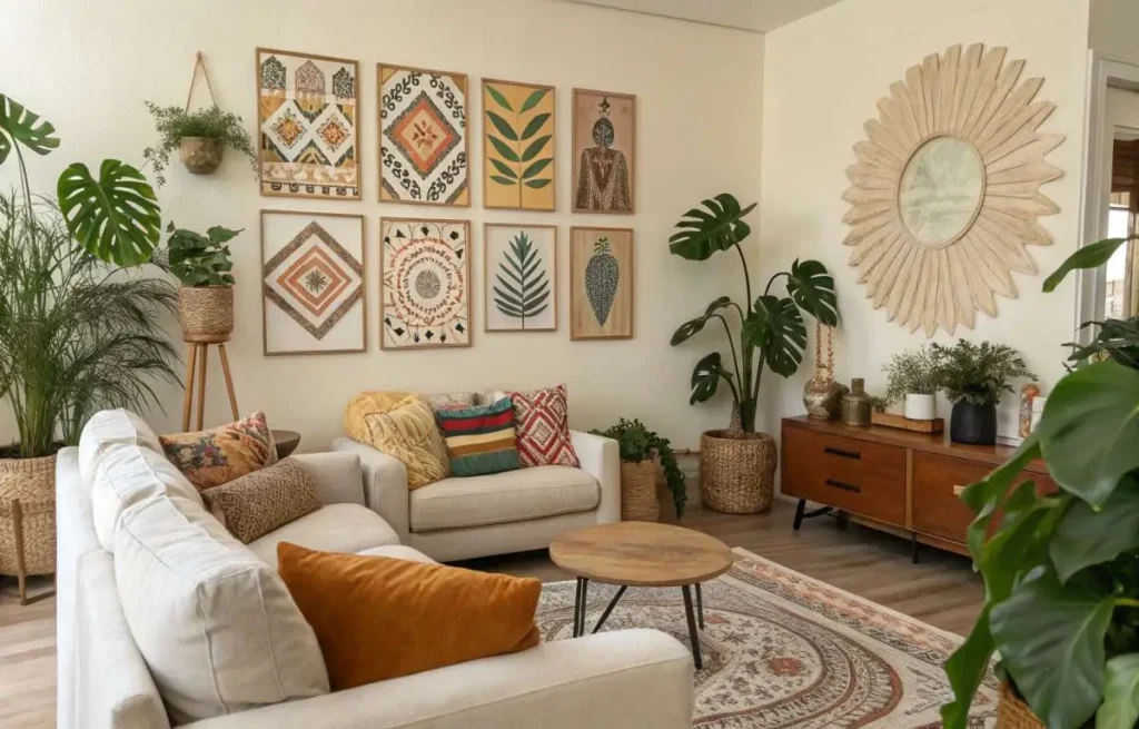 A living room wall featuring personalized photo frames, custom quotes, and art that reflects family memories and cultural identity.