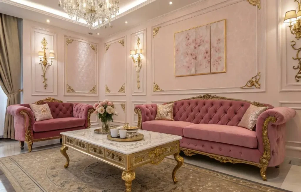Elegant pink living room with velvet sofas and gold accents