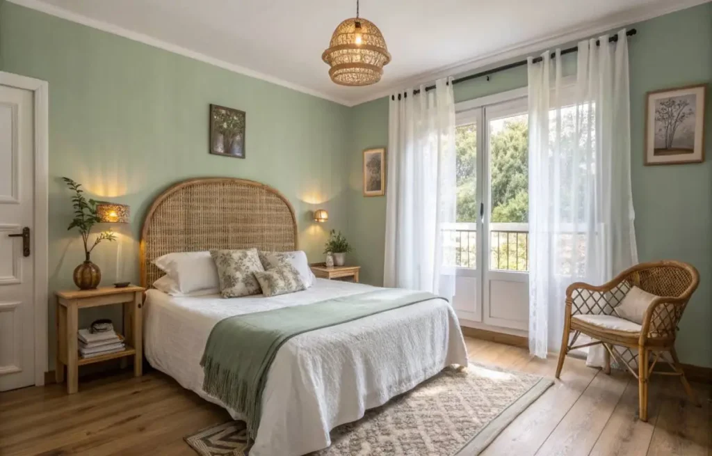 Green bedroom decorating ideas with sage walls and cozy lighting