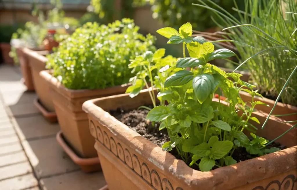 Terracotta planters with herbs thriving in sunlight