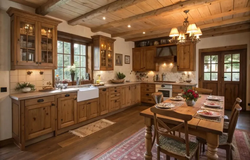 Country kitchen decor with rustic wood tones