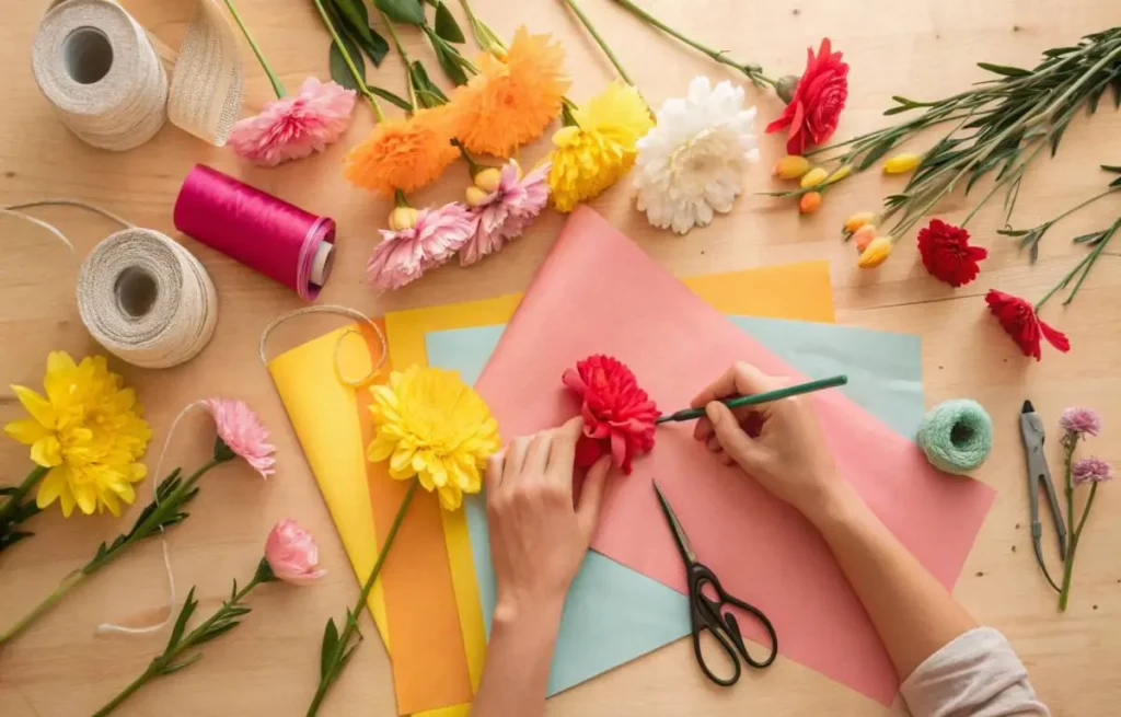 Hands crafting colorful tissue paper flowers on a table