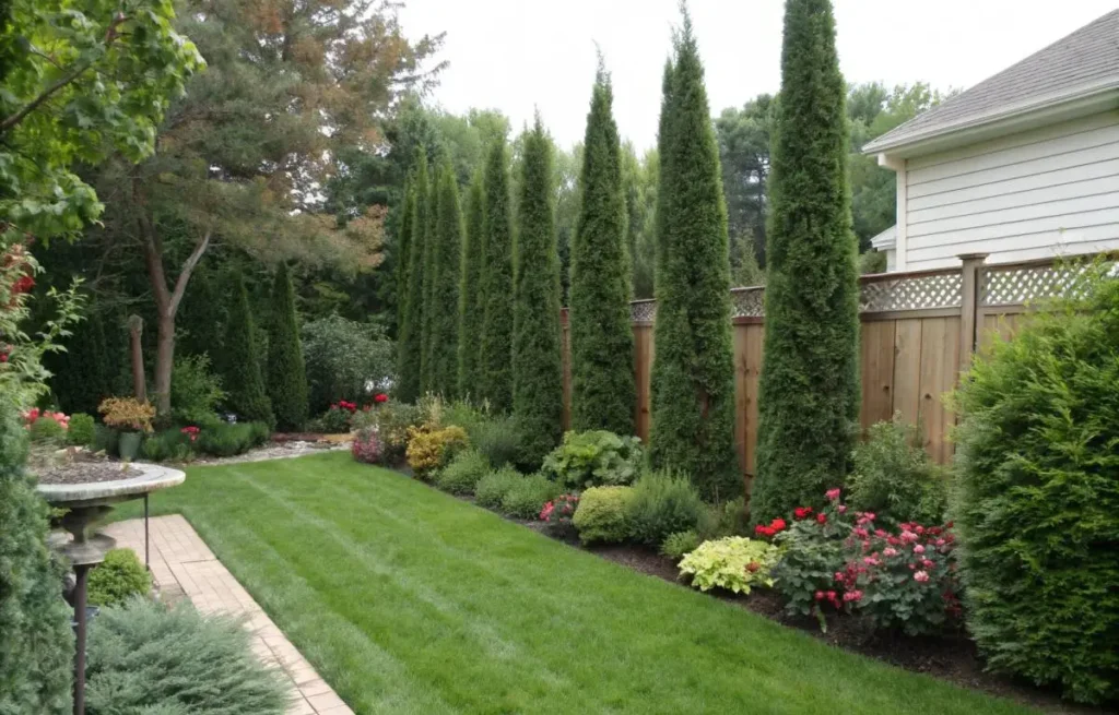 Backyard privacy created using tall trees and evergreen shrubs