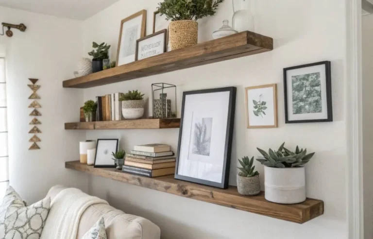Corner decoration ideas with floating shelves and wall art