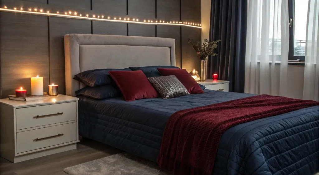 Men bedroom decor with LED lighting and candles