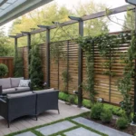 Backyard with a wooden slat privacy screen and climbing ivy