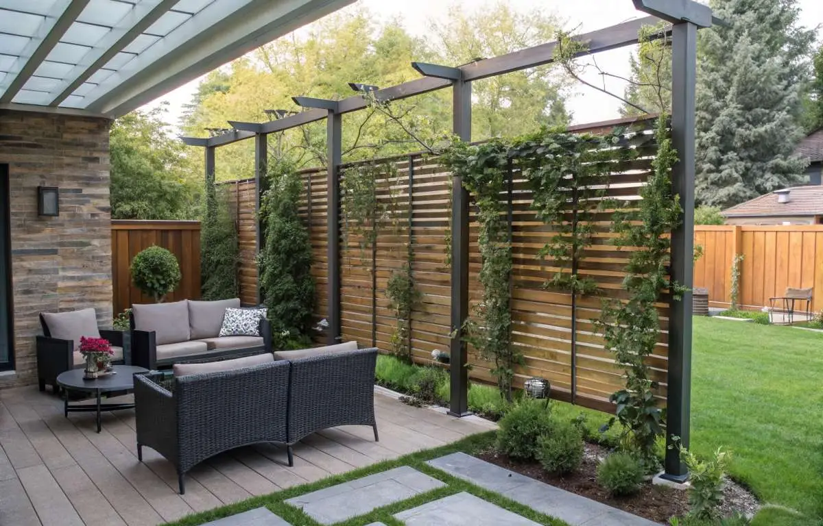 Backyard with a wooden slat privacy screen and climbing ivy