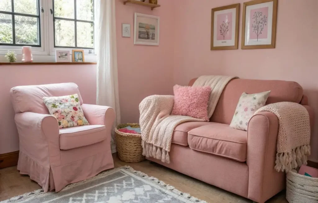 Cozy pink living room with small furniture and layered textiles