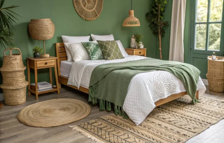 Green bedroom decorating ideas with natural textures and organic materials