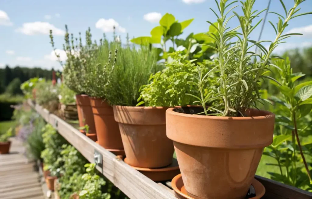 Terracotta planters with herbs: rosemary, basil, thyme