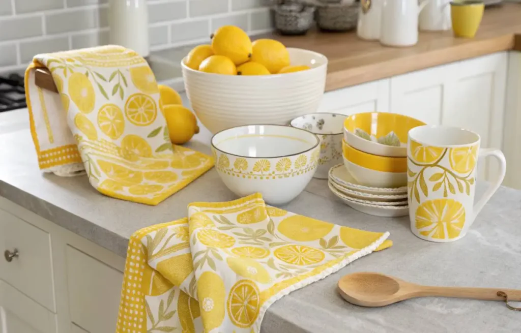 Stylish lemon-themed kitchen accessories on display