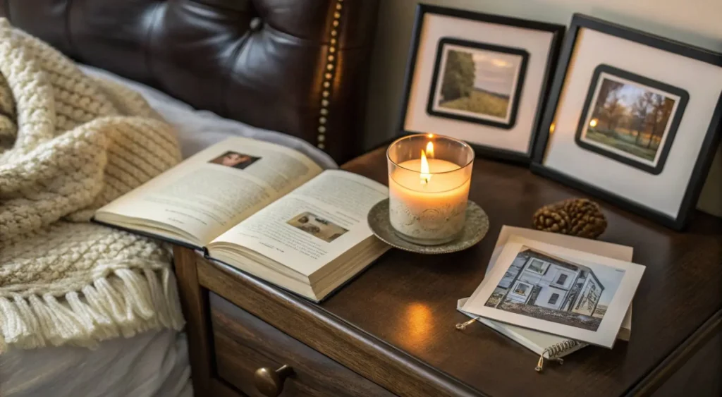Personal touches in men bedroom decor with photos and candles