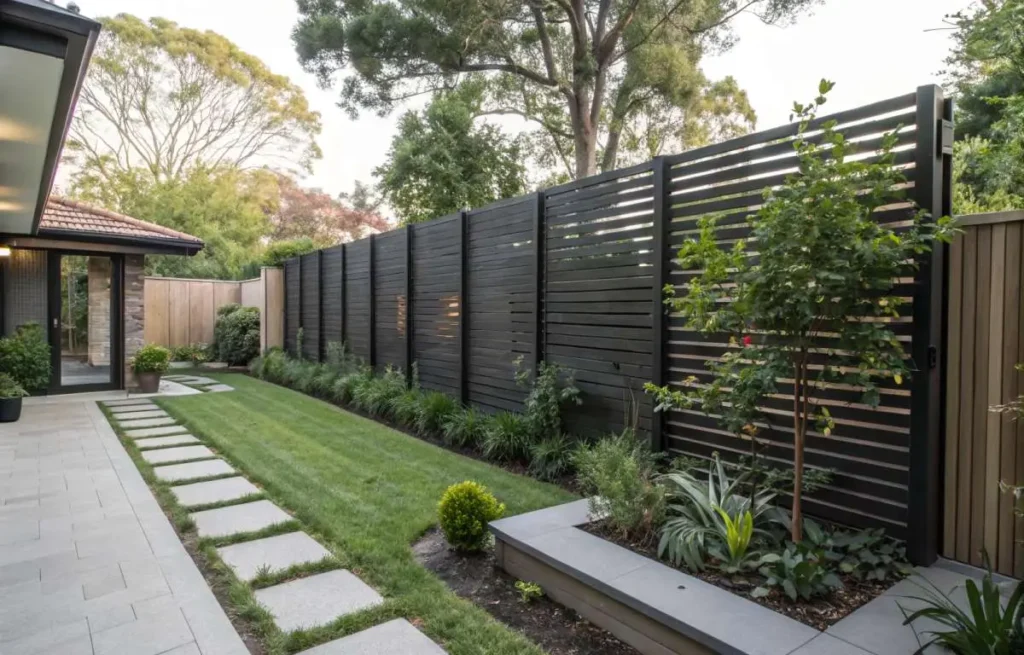 Vertical slat fence in backyard for privacy and style