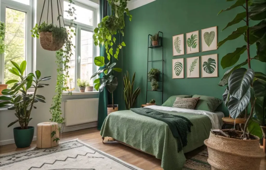 Green bedroom decorating with lush indoor plants and greenery