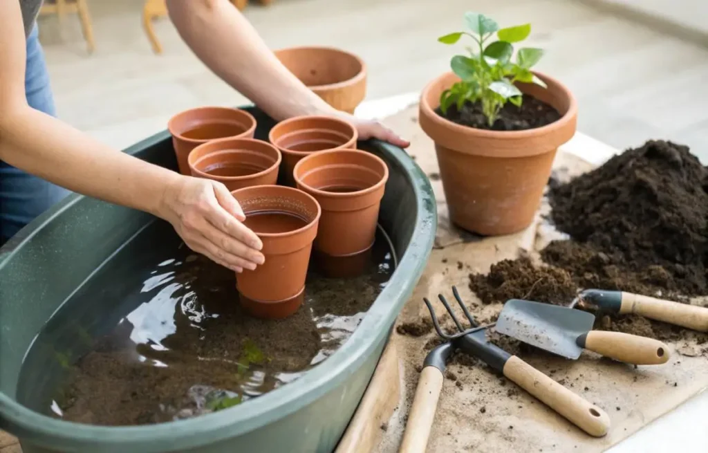 Terracotta planters with herbs being prepared for planting
