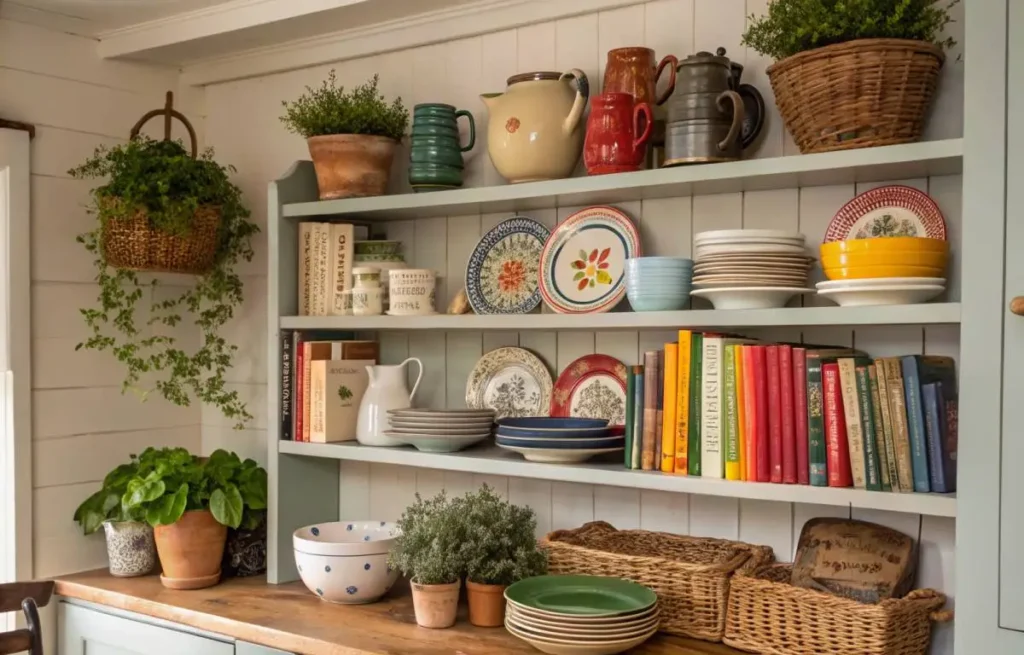 Country kitchen decor with open shelving