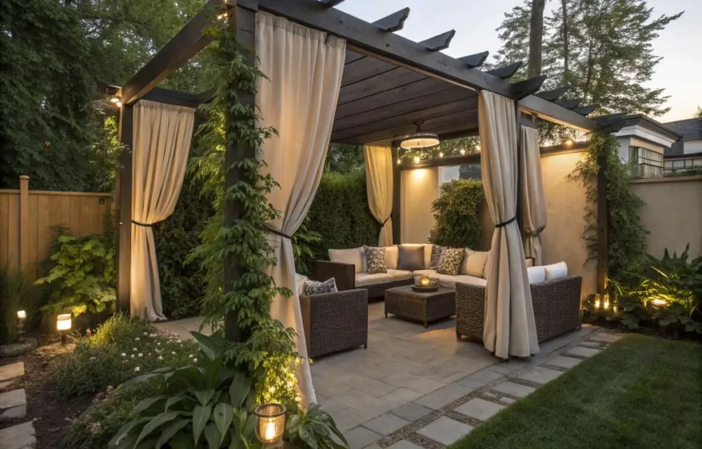 Backyard with pergola, outdoor curtains, and lounge seating for privacy