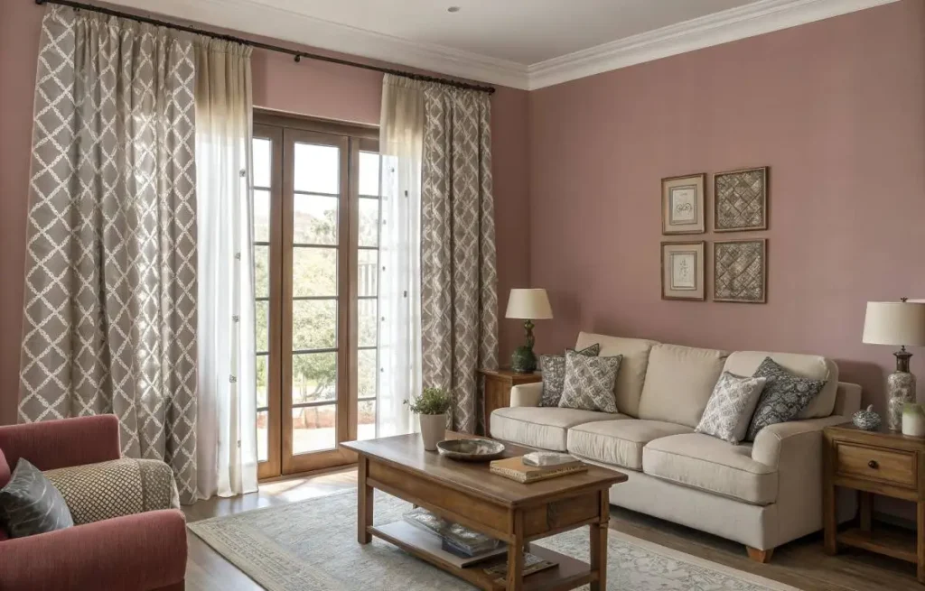 Timeless pink living room with dusty rose walls and classic neutrals