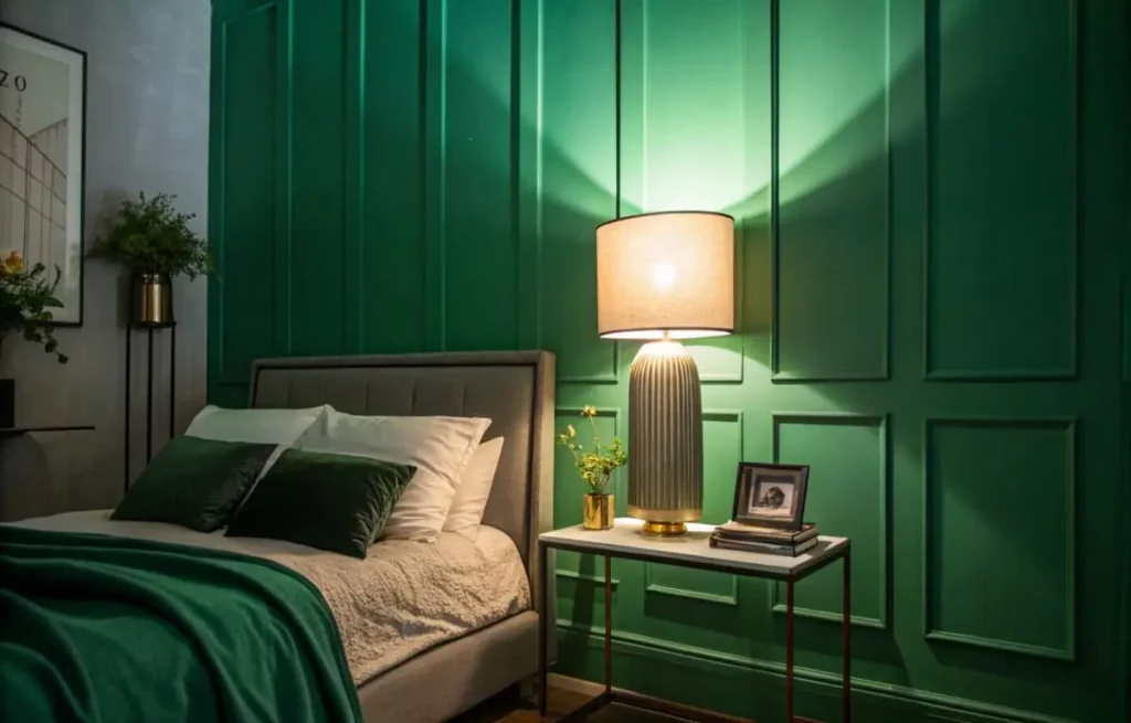 Green bedroom decorating with ambient lighting and moody tones