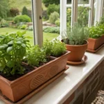 Terracotta planters with herbs decorating indoor and outdoor spaces