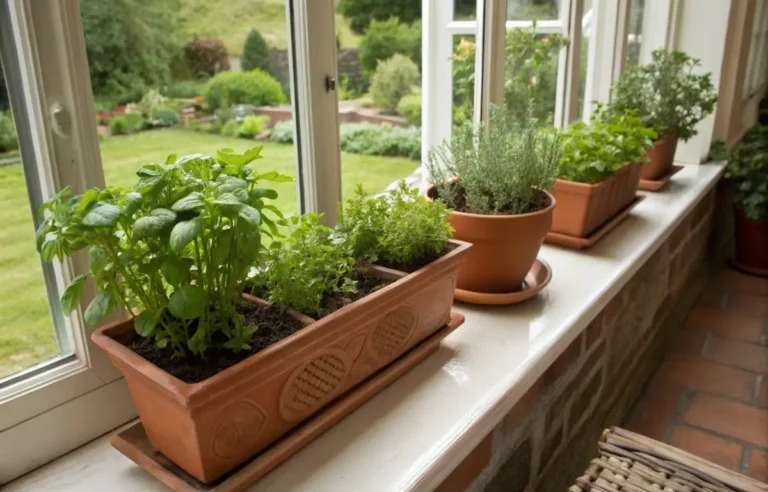 Terracotta planters with herbs decorating indoor and outdoor spaces