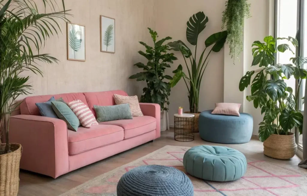 Pink living room balanced with green and blue accents and neutral walls