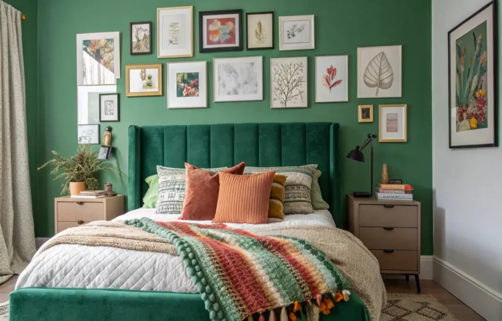 Green bedroom decorating ideas with art and personal decor Green bedroom decorating ideas with art and personal decor