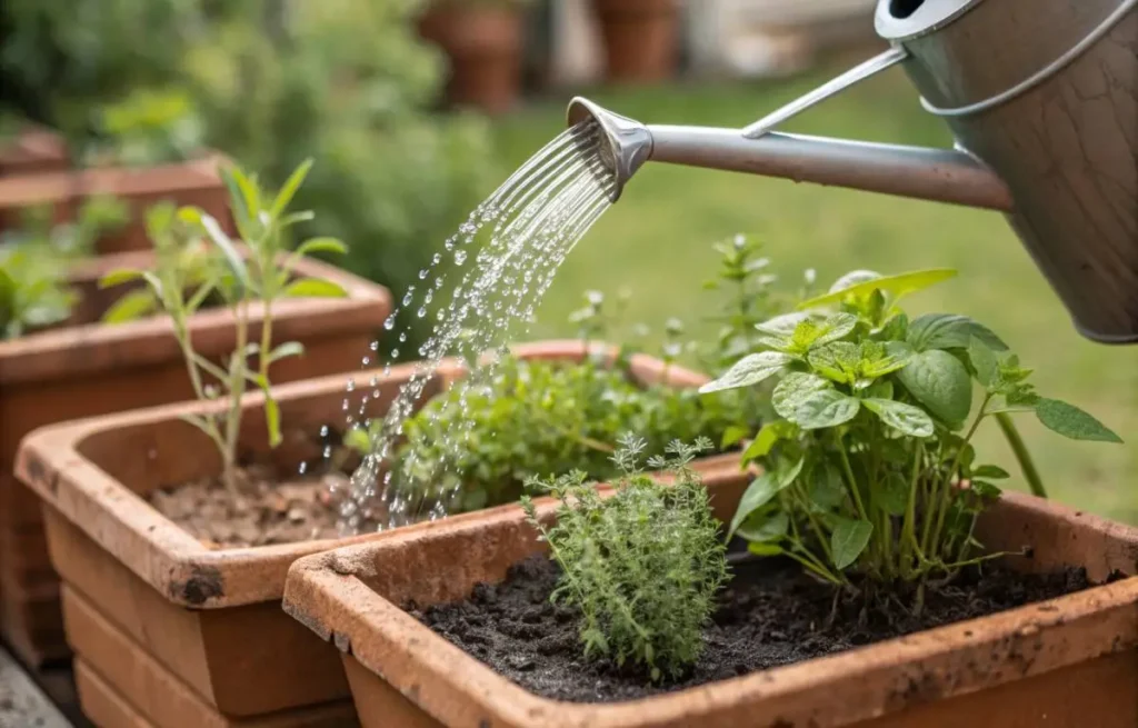 Terracotta planters with herbs being watered and cared for