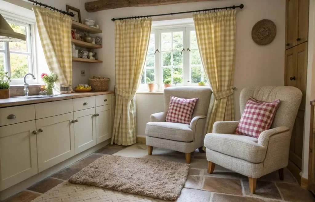 Country kitchen decor with cozy textiles