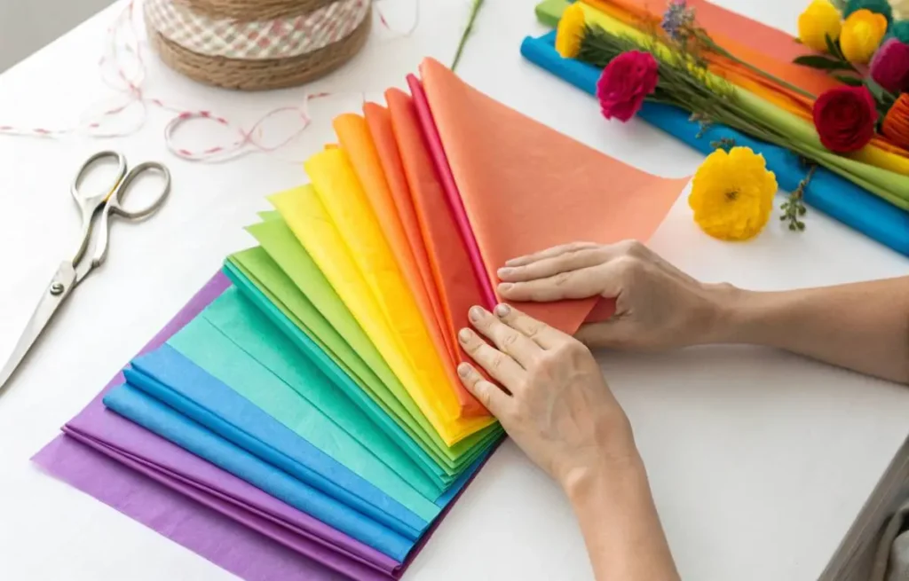 Hands folding stacked colorful tissue paper sheets accordion-style