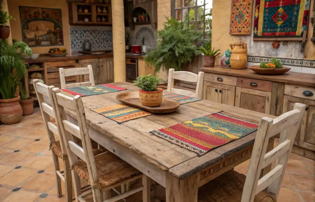 Rustic wooden furniture in Mexican kitchen decor