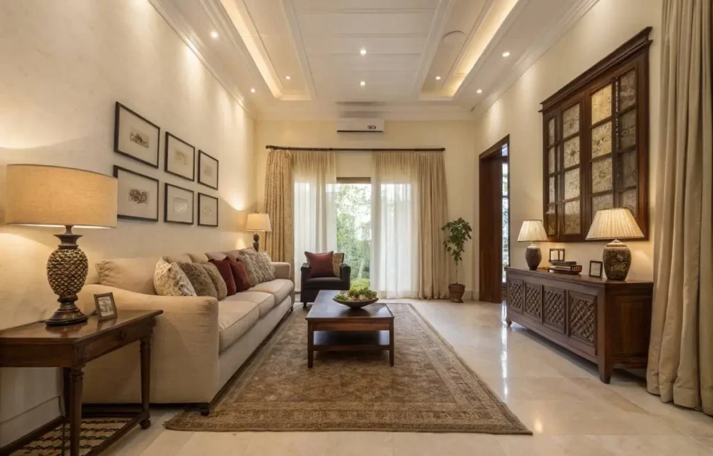 Use color, texture, and light to decorate a long living room