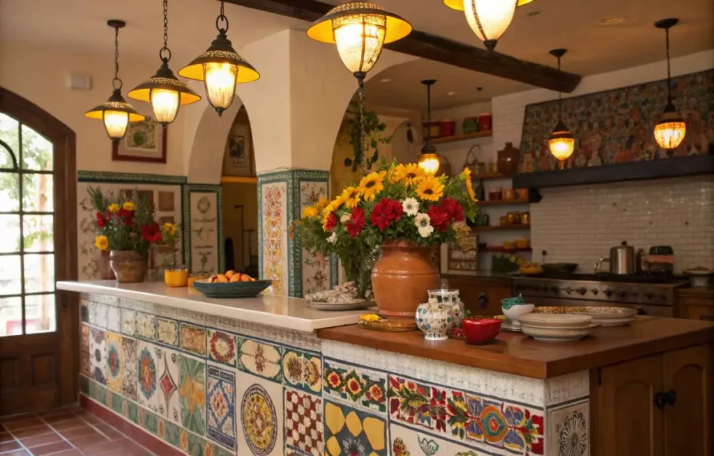 Warm lighting in Mexican kitchen decor