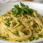 Freshly plated pasta fresca recipe with garlic butter sauce and parsley garnish