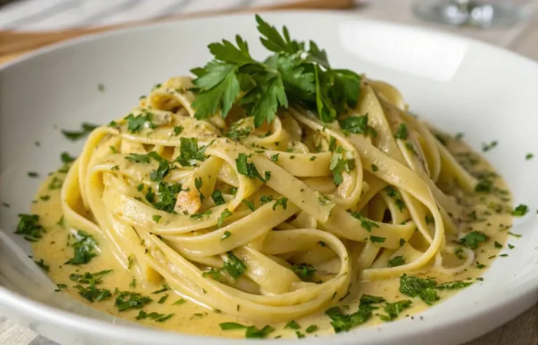 Freshly plated pasta fresca recipe with garlic butter sauce and parsley garnish