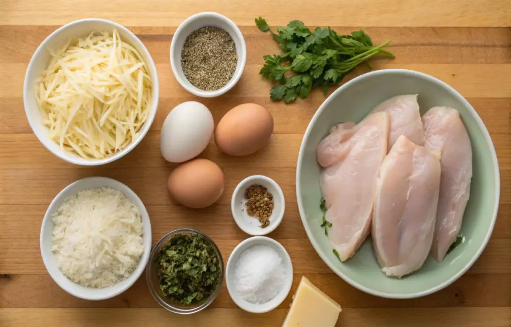 Ingredients for chicken crust pizza recipe displayed on kitchen table	