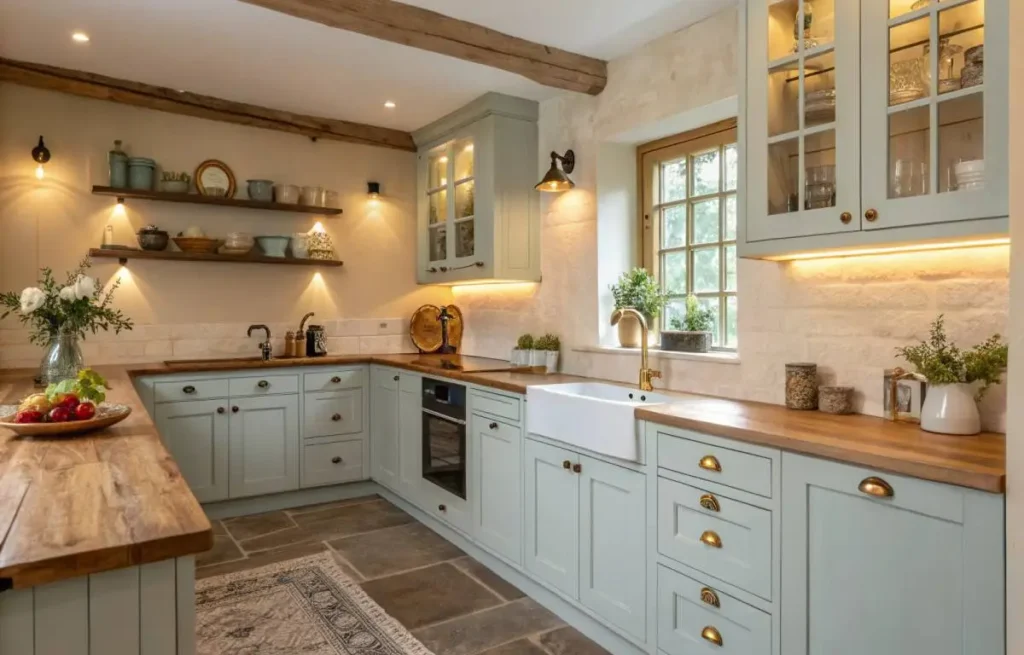Blue kitchen decor featuring light blue cabinets and wooden countertops in a farmhouse style