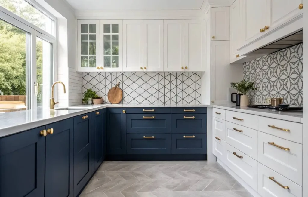 Blue kitchen decor with deep navy lower cabinets and white upper cabinets