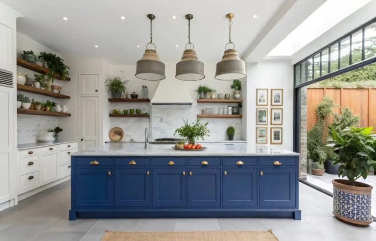 Blue kitchen decor with royal blue island and artistic shelving