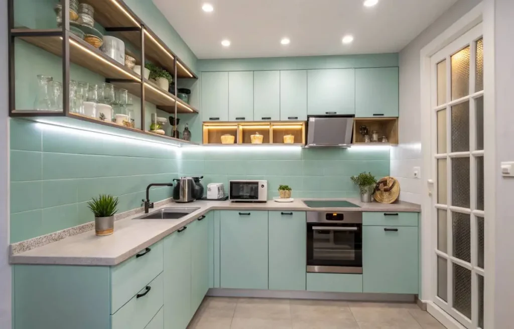 Blue kitchen decor in a compact space featuring soft teal cabinets and open shelving