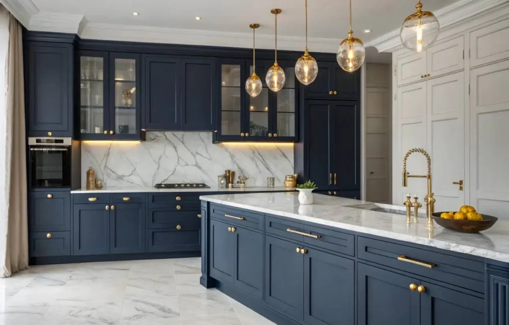 Blue kitchen decor showcasing glossy navy cabinets and marble countertops
