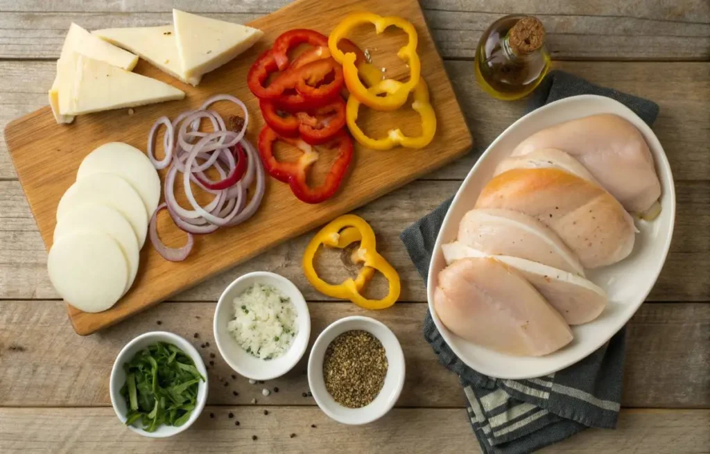 Ingredients for chicken Philly cheesesteak recipe